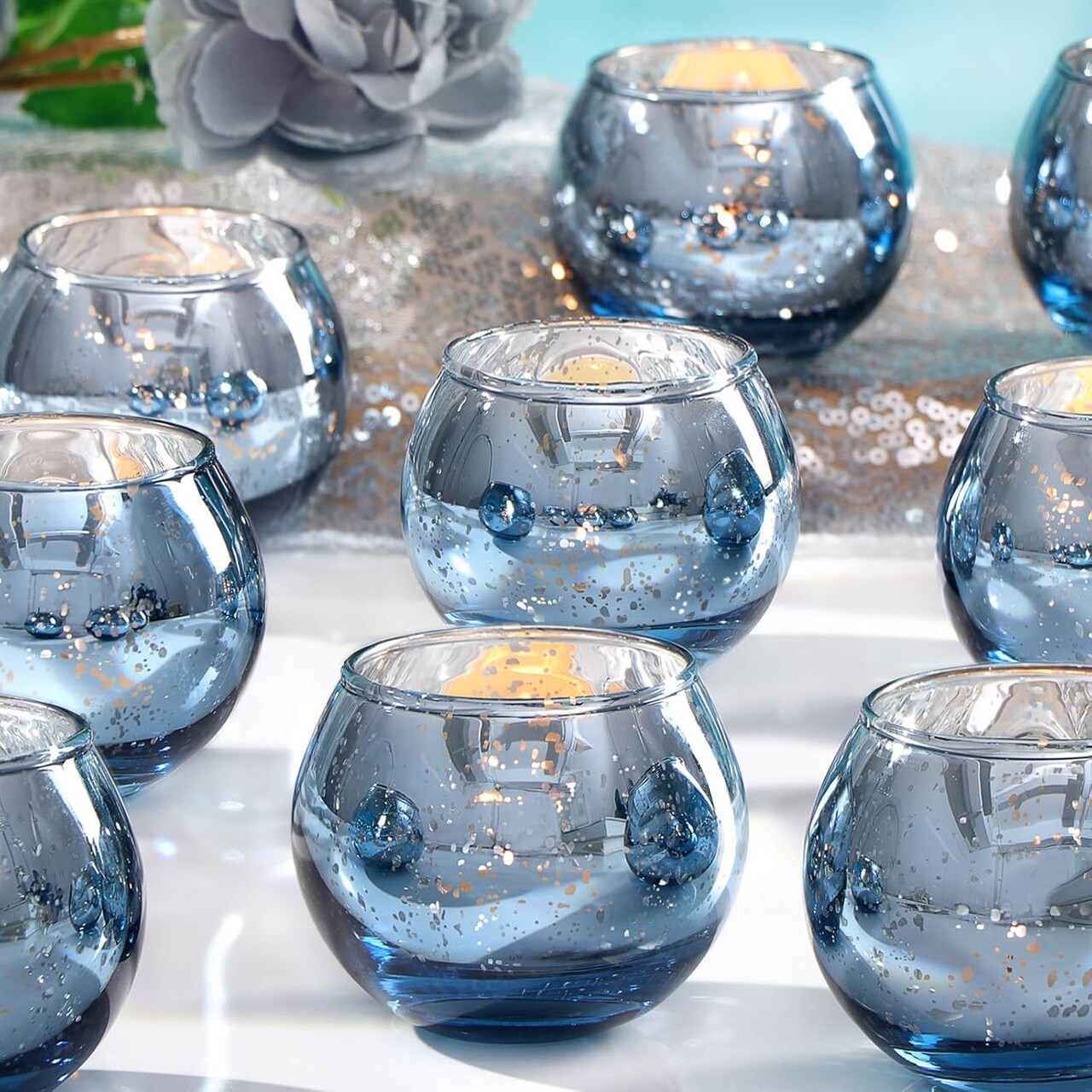 24 Pcs Blue Votive Candle Holders Bulk- Blue Mercury Glass Votives Tealight Candle Holders for Fall Table Centerpieces, Blue Glass Decor for Wedding, Baby/Bridal Shower, Hanukkah Decorations